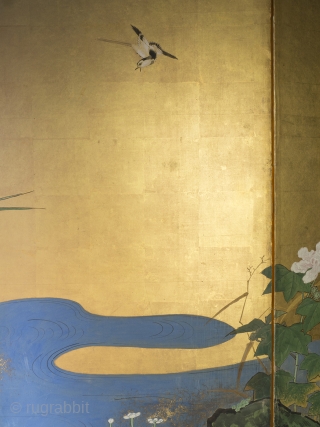 Late Edo/early Meiji period four leaf byobu screen featuring a particularly striking design of water birds and foliage along a stream. 168cm x 254cm (66inches x 100 inches). Unknown Kano school painter, circa  ...