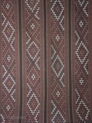 Antique Ersari Flatweave Tribal Rug

Large and decorative Turkoman tribal rug probably Turkmenistan, circa 1870. 
280 cm x 170 cm. (110 inch x 67 inch). Wool on wool with additional pattern forming wefts of Zilli weave in  ...