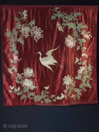 Very rare 19th century Japanese red silk Fukusa. 132cm/52 inch square.

An exceptionally decorative and well preserved piece. The central crane is beautifully drawn and executed; rendered in monotone silk, it's form delineated purely  ...