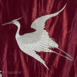 Very rare 19th century Japanese red silk Fukusa. 132cm/52 inch square.

An exceptionally decorative and well preserved piece. The central crane is beautifully drawn and executed; rendered in monotone silk, it's form delineated purely  ...