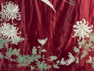 Very rare 19th century Japanese red silk Fukusa. 132cm/52 inch square.

An exceptionally decorative and well preserved piece. The central crane is beautifully drawn and executed; rendered in monotone silk, it's form delineated purely  ...