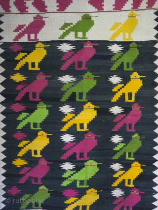 Mid Century Dhurrie rug, 203cm x 104cm (80 inches x 41 inches)

A cheerful and very charming rug from Rajasthan, circa 1950. The central field with rows of brightly woven birds drawn, in  ...
