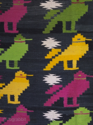 Mid Century Dhurrie rug, 203cm x 104cm (80 inches x 41 inches)

A cheerful and very charming rug from Rajasthan, circa 1950. The central field with rows of brightly woven birds drawn, in  ...