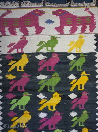 Mid Century Dhurrie rug, 203cm x 104cm (80 inches x 41 inches)

A cheerful and very charming rug from Rajasthan, circa 1950. The central field with rows of brightly woven birds drawn, in  ...