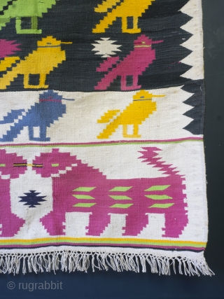 Mid Century Dhurrie rug, 203cm x 104cm (80 inches x 41 inches)

A cheerful and very charming rug from Rajasthan, circa 1950. The central field with rows of brightly woven birds drawn, in  ...