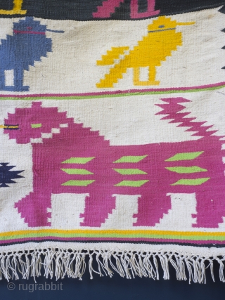 Mid Century Dhurrie rug, 203cm x 104cm (80 inches x 41 inches)

A cheerful and very charming rug from Rajasthan, circa 1950. The central field with rows of brightly woven birds drawn, in  ...
