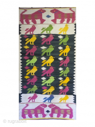Mid Century Dhurrie rug, 203cm x 104cm (80 inches x 41 inches)

A cheerful and very charming rug from Rajasthan, circa 1950. The central field with rows of brightly woven birds drawn, in  ...