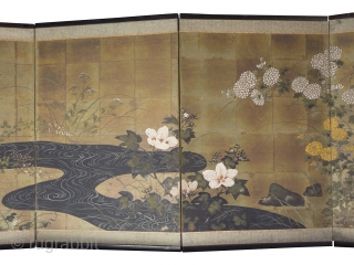 A Rinpa school 4 leaf byobu, mineral pigments and gofun on gold leaf ground. 184cm x 69cm (72.4 x 27 inches). Beautifully drawn and executed, the well balanced composition featuring chrysanthemums and grasses  ...