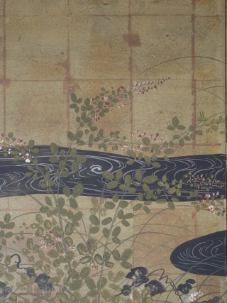 A Rinpa school 4 leaf byobu, mineral pigments and gofun on gold leaf ground. 184cm x 69cm (72.4 x 27 inches). Beautifully drawn and executed, the well balanced composition featuring chrysanthemums and grasses  ...