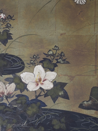 A Rinpa school 4 leaf byobu, mineral pigments and gofun on gold leaf ground. 184cm x 69cm (72.4 x 27 inches). Beautifully drawn and executed, the well balanced composition featuring chrysanthemums and grasses  ...