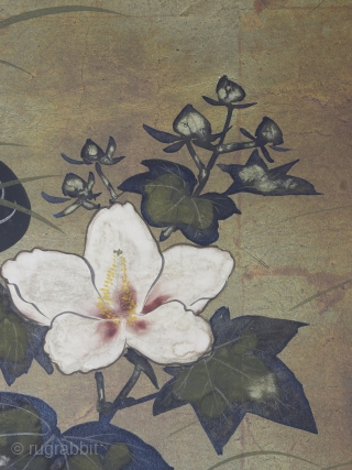 A Rinpa school 4 leaf byobu, mineral pigments and gofun on gold leaf ground. 184cm x 69cm (72.4 x 27 inches). Beautifully drawn and executed, the well balanced composition featuring chrysanthemums and grasses  ...
