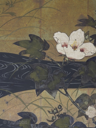 A Rinpa school 4 leaf byobu, mineral pigments and gofun on gold leaf ground. 184cm x 69cm (72.4 x 27 inches). Beautifully drawn and executed, the well balanced composition featuring chrysanthemums and grasses  ...