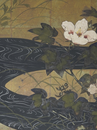 A Rinpa school 4 leaf byobu, mineral pigments and gofun on gold leaf ground. 184cm x 69cm (72.4 x 27 inches). Beautifully drawn and executed, the well balanced composition featuring chrysanthemums and grasses  ...