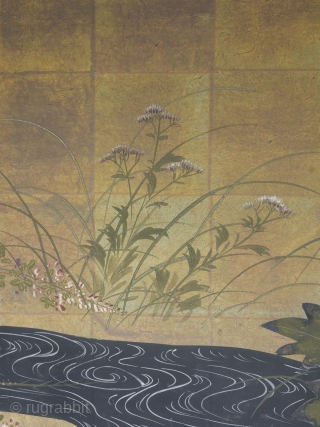 A Rinpa school 4 leaf byobu, mineral pigments and gofun on gold leaf ground. 184cm x 69cm (72.4 x 27 inches). Beautifully drawn and executed, the well balanced composition featuring chrysanthemums and grasses  ...