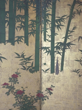 Late 18th Century byobu screen featuring a bold design of a bamboo grove beside a brushwood fence rendered in the moriage relief technique. 168cm x 254cm (66inches x 100 inches). Unknown Kano school painter.

This  ...