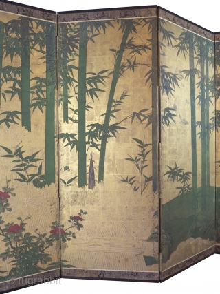 Late 18th Century byobu screen featuring a bold design of a bamboo grove beside a brushwood fence rendered in the moriage relief technique. 168cm x 254cm (66inches x 100 inches). Unknown Kano school painter.

This  ...