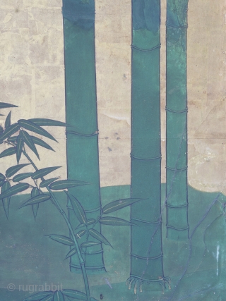 Late 18th Century byobu screen featuring a bold design of a bamboo grove beside a brushwood fence rendered in the moriage relief technique. 168cm x 254cm (66inches x 100 inches). Unknown Kano school painter.

This  ...