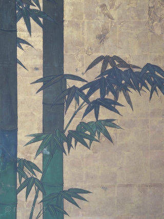 Late 18th Century byobu screen featuring a bold design of a bamboo grove beside a brushwood fence rendered in the moriage relief technique. 168cm x 254cm (66inches x 100 inches). Unknown Kano school painter.

This  ...