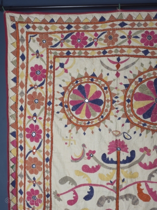 Embroidered Quilt Cover, India circa 1930’s/40’s, probably Gujurati. Handwoven cotton base with silk embroidery and mirrors. 97 x 168 cm (38 x 66 inches). Provenance: The Carol Summers Collection of Indian Folk  ...