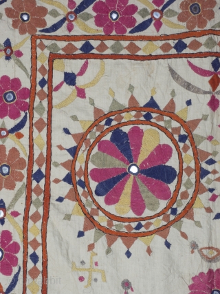 Embroidered Quilt Cover, India circa 1930’s/40’s, probably Gujurati. Handwoven cotton base with silk embroidery and mirrors. 97 x 168 cm (38 x 66 inches). Provenance: The Carol Summers Collection of Indian Folk  ...