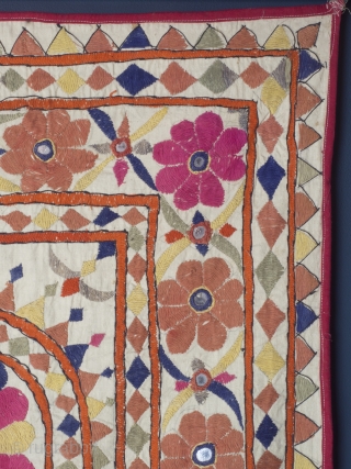 Embroidered Quilt Cover, India circa 1930’s/40’s, probably Gujurati. Handwoven cotton base with silk embroidery and mirrors. 97 x 168 cm (38 x 66 inches). Provenance: The Carol Summers Collection of Indian Folk  ...