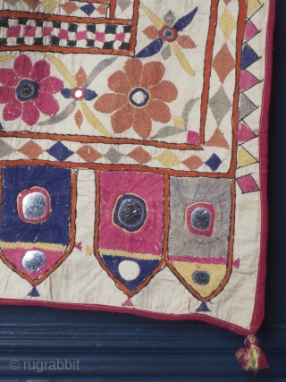 Embroidered Quilt Cover, India circa 1930’s/40’s, probably Gujurati. Handwoven cotton base with silk embroidery and mirrors. 97 x 168 cm (38 x 66 inches). Provenance: The Carol Summers Collection of Indian Folk  ...