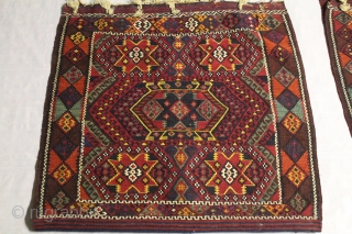 1890s pair of  Malatya Sadle bags wool cotton and metal tread has some small moth damage 30"x30"               