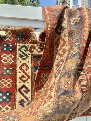 Worn antique rare design caucasian prayer rug 3’ 6” x 5’ solid rug clean                   