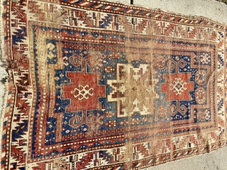 Caucasian karachopt prayer rug great design and colors worn with repair 4’ 2” 6’ 4” clean everything sells here check me out           