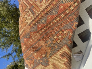 Caucasian karachopt prayer rug great design and colors worn with repair 4’ 2” 6’ 4” clean everything sells here check me out           