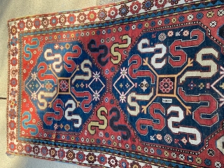 antique cloudband caucasain rug measuring 4' 4" x 8' 2" great design and colors very good condition some old repiling clean read to go. SOLDDDDDDDDDDDDDDDDDDDDDDD        