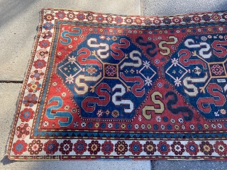 antique cloudband caucasain rug measuring 4' 4" x 8' 2" great design and colors very good condition some old repiling clean read to go. SOLDDDDDDDDDDDDDDDDDDDDDDD        