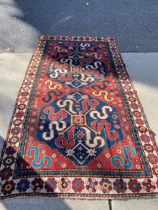 antique cloudband caucasain rug measuring 4' 4" x 8' 2" great design and colors very good condition some old repiling clean read to go. SOLDDDDDDDDDDDDDDDDDDDDDDD        