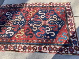 antique cloudband caucasain rug measuring 4' 4" x 8' 2" great design and colors very good condition some old repiling clean read to go. SOLDDDDDDDDDDDDDDDDDDDDDDD        