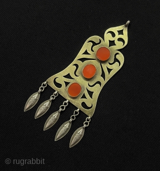 Ethnic Turkmen Silver Pretty Pendant Gold washed with Carnelian Size - ''13 cm x 5.5 cm'' - Weight : 23 gr.            