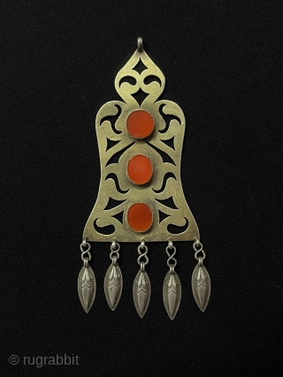 Ethnic Turkmen Silver Pretty Pendant Gold washed with Carnelian Size - ''13 cm x 5.5 cm'' - Weight : 23 gr.            