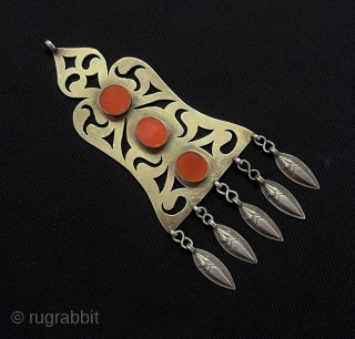 Ethnic Turkmen Silver Pretty Pendant Gold washed with Carnelian Size - ''13 cm x 5.5 cm'' - Weight : 23 gr.            