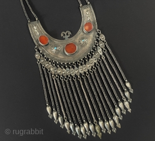 Central - Asian Antique from Afghanistan Tribal Silver Wedding Necklace Jewelery with Carnelian and Turquoise & Hanging Decorative Jewelry. Afghan Art Collector Jewelery. Circa - 1900 or earlier Fine Condition ! Size  ...