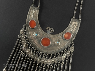Central - Asian Antique from Afghanistan Tribal Silver Wedding Necklace Jewelery with Carnelian and Turquoise & Hanging Decorative Jewelry. Afghan Art Collector Jewelery. Circa - 1900 or earlier Fine Condition ! Size  ...