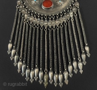 Central - Asian Antique from Afghanistan Tribal Silver Wedding Necklace Jewelery with Carnelian and Turquoise & Hanging Decorative Jewelry. Afghan Art Collector Jewelery. Circa - 1900 or earlier Fine Condition ! Size  ...