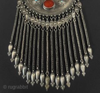 Central - Asian Antique from Afghanistan Tribal Silver Wedding Necklace Jewelery with Carnelian and Turquoise & Hanging Decorative Jewelry. Afghan Art Collector Jewelery. Circa - 1900 or earlier Fine Condition ! Size  ...