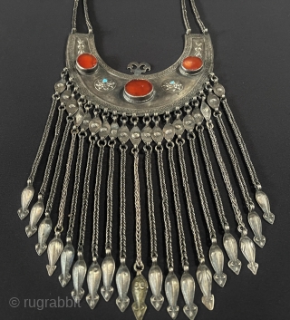 Central - Asian Antique from Afghanistan Tribal Silver Wedding Necklace Jewelery with Carnelian and Turquoise & Hanging Decorative Jewelry. Afghan Art Collector Jewelery. Circa - 1900 or earlier Fine Condition ! Size  ...