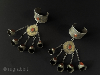 A pair of Antique Turkmen Tribal Silver Cuff Bracelets & Basilisk Gilded and with Carnelian Old Silver Rings.This Turkmen Art Collector Jewelry. Circa - 1900 or earlier Size - Bracelets - ''6  ...