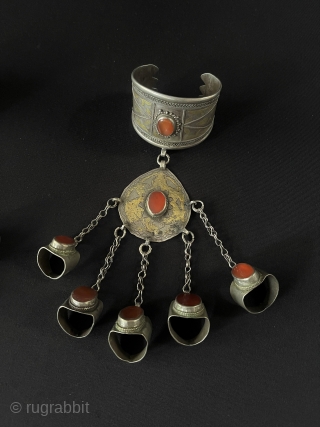 A pair of Antique Turkmen Tribal Silver Cuff Bracelets & Basilisk Gilded and with Carnelian Old Silver Rings.This Turkmen Art Collector Jewelry. Circa - 1900 or earlier Size - Bracelets - ''6  ...