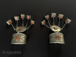 A pair of Antique Turkmen Tribal Silver Cuff Bracelets & Basilisk Gilded and with Carnelian Old Silver Rings.This Turkmen Art Collector Jewelry. Circa - 1900 or earlier Size - Bracelets - ''6  ...