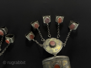 A pair of Antique Turkmen Tribal Silver Cuff Bracelets & Basilisk Gilded and with Carnelian Old Silver Rings.This Turkmen Art Collector Jewelry. Circa - 1900 or earlier Size - Bracelets - ''6  ...