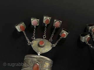 A pair of Antique Turkmen Tribal Silver Cuff Bracelets & Basilisk Gilded and with Carnelian Old Silver Rings.This Turkmen Art Collector Jewelry. Circa - 1900 or earlier Size - Bracelets - ''6  ...