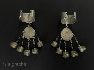 A pair of Antique Turkmen Tribal Silver Cuff Bracelets & Basilisk Gilded and with Carnelian Old Silver Rings.This Turkmen Art Collector Jewelry. Circa - 1900 or earlier Size - Bracelets - ''6  ...