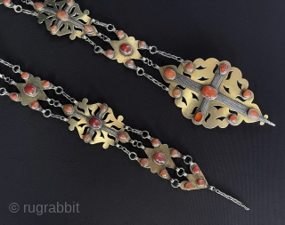 A pair of Antique Turkmen Traditional Silver Hair Jewelry Gilded and with Carnelian
Turkmen Tribe Silver Costume Jewelery. Circa - 1900 Size - ''50 cm x 8.5 cm'' - Weight : 346 gr.  ...