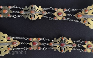 A pair of Antique Turkmen Traditional Silver Hair Jewelry Gilded and with Carnelian
Turkmen Tribe Silver Costume Jewelery. Circa - 1900 Size - ''50 cm x 8.5 cm'' - Weight : 346 gr.  ...